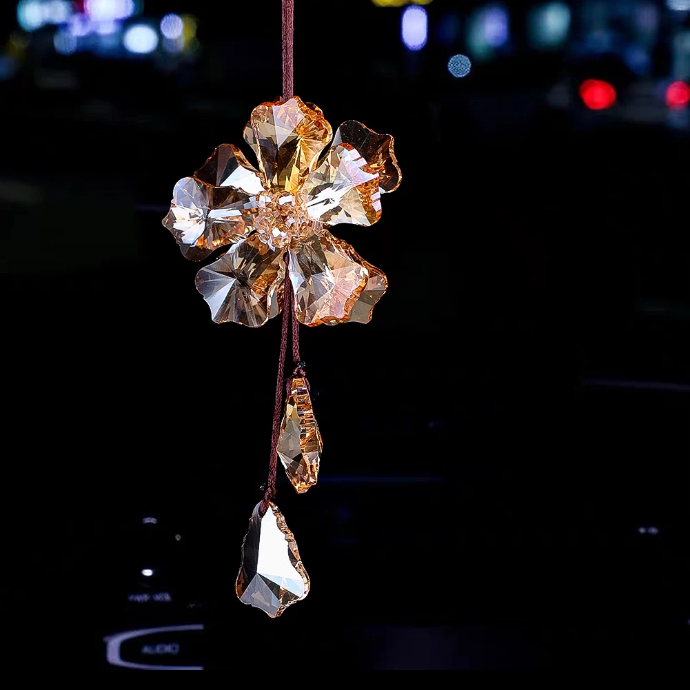 Champagne Flower Crystal Sun Catcher Car Ornament Faceted Glass Hanging Pendant Rearview Mirror Decor With Adjustable Cord Gift