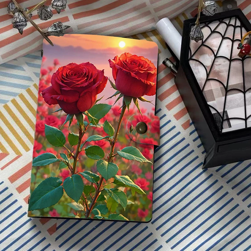 

Stylish Romantic Red Rose Flower Print PU Leather Notebook, Sunset Garden Floral Design Diary with Button Closure for Men Women