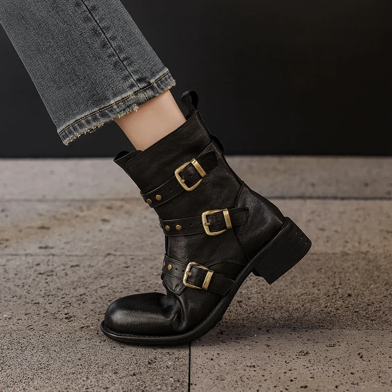 New Genuine Leather Women Ankle Boots Round Toe Metal Belt Buckle Rivet Women's Shoes Western Pumps Knight Boots Punk Booties