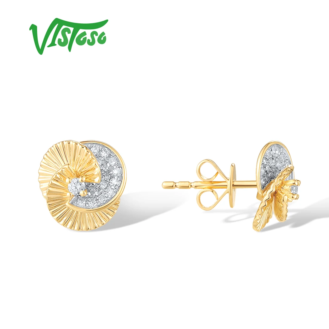 VISTOSO Real 14K 585 Yellow Gold Stud Earrings For Women Sparkling Diamonds Trendy Twisted Flower Wedding Party Fine Jewelry