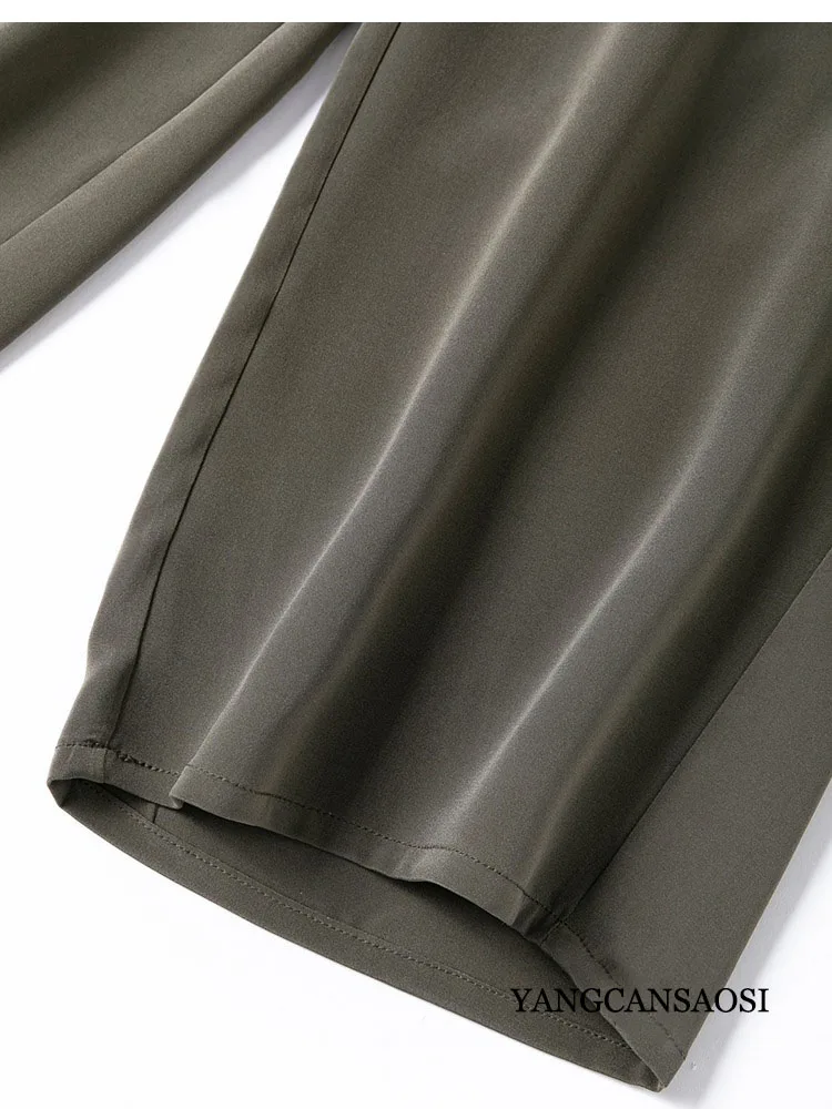 2025 Women's Fashion Clothing 26MM Heavy Weight 93% Natural Mulberry Silk Elastic Crepe Khaki Green Casual Cropped Pants