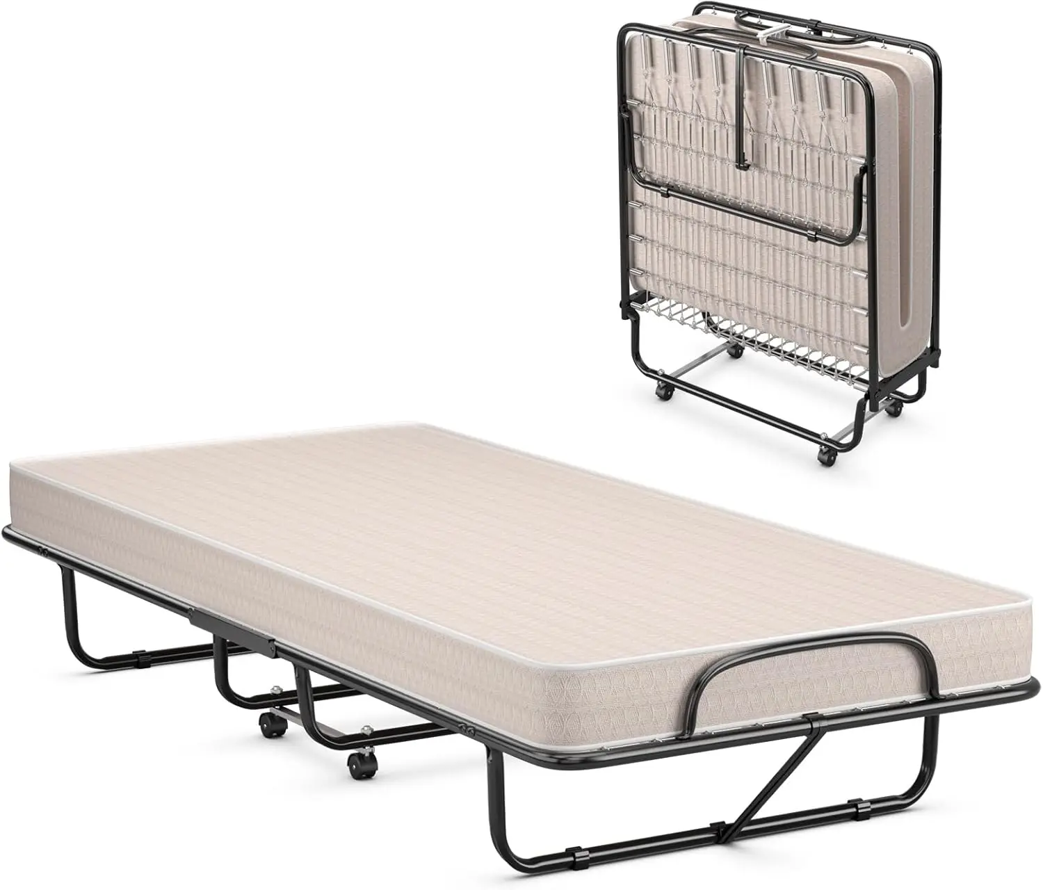 

Folding Bed With 4"" Mattr For Adults, Twin Size Rollaway Portable Guest Bed, Foldable Bed W/Memory Foam & Metal Frame On