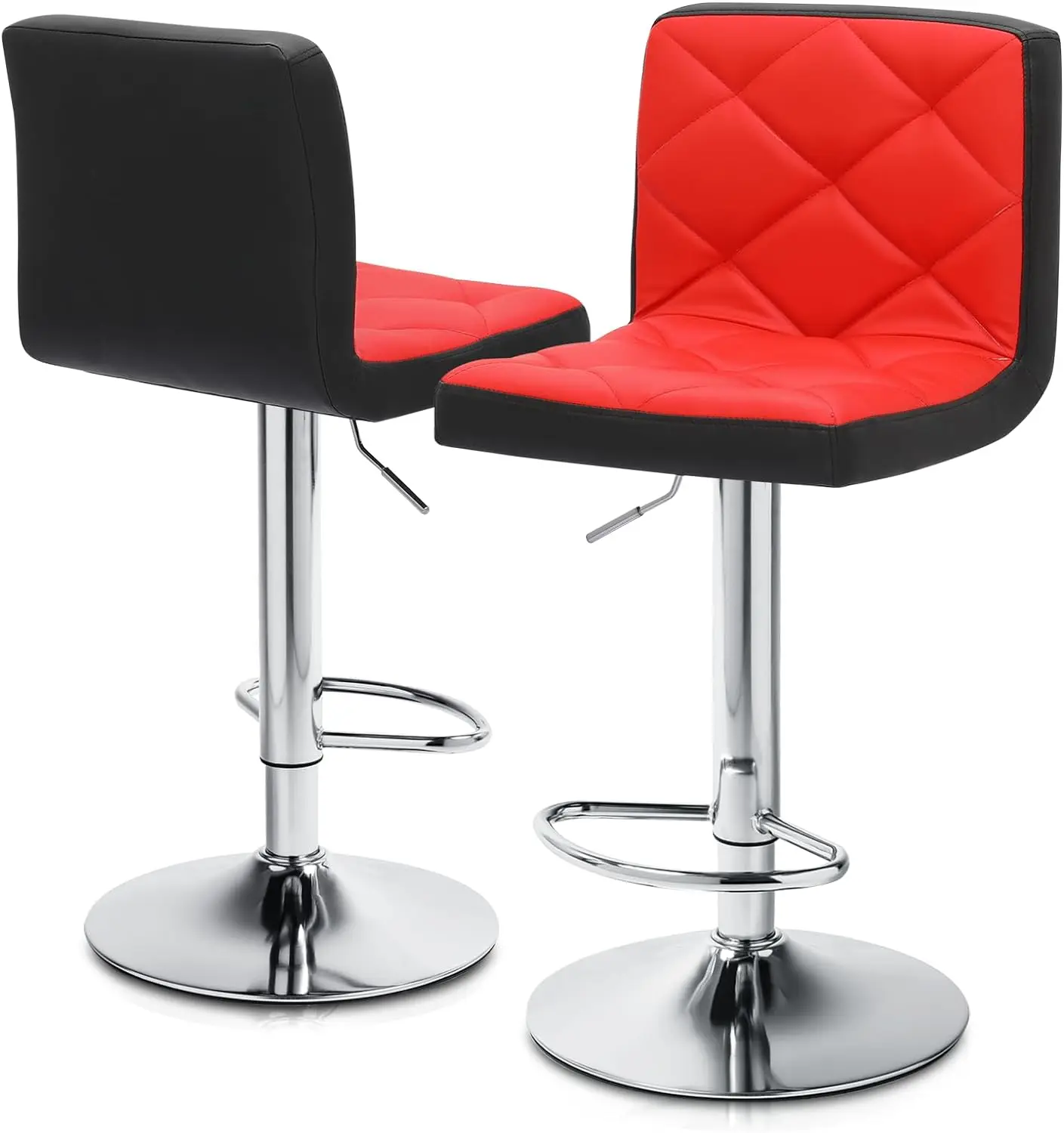 

Bar Stool Set of 2 Modern Adjustable Kitchen Island Chairs Red-Black Blocking Counter Height Barstools Swivel PU Leath