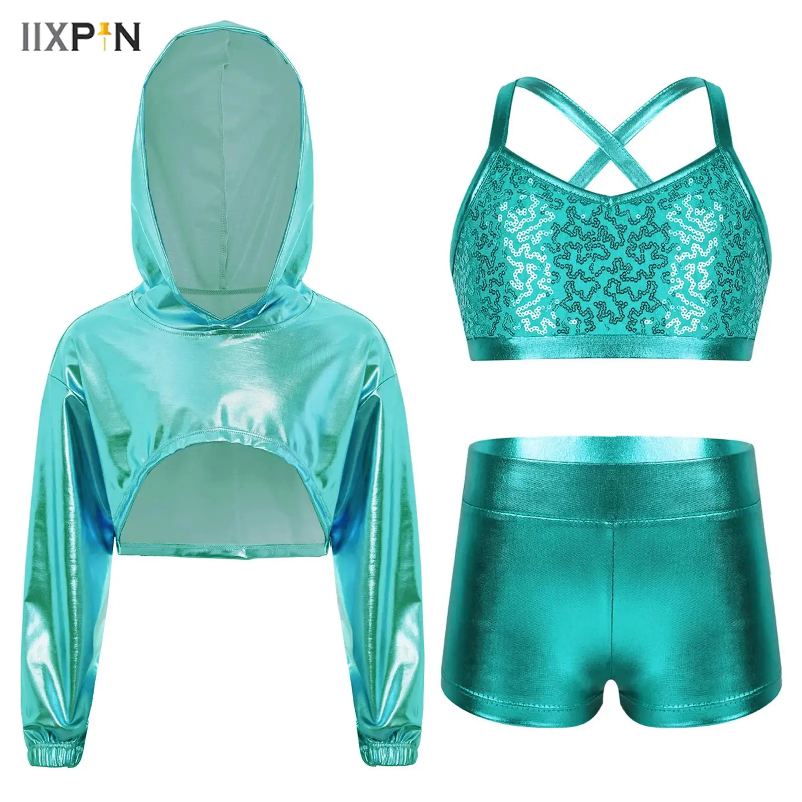 

Kids Girls Hip-Hop Jazz Dance Outfit Long Sleeve Asymmetrical Hem Metallic Cropped Hoodie with Shiny Sequins Vest Top and Shorts