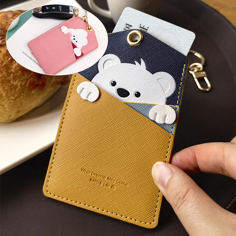 

High Quality Credit Card ID Badge Holder Cute Cartoon Leather Bear Pass Case Cover Card Case Key Holder Ring Luggage Tag Trinket