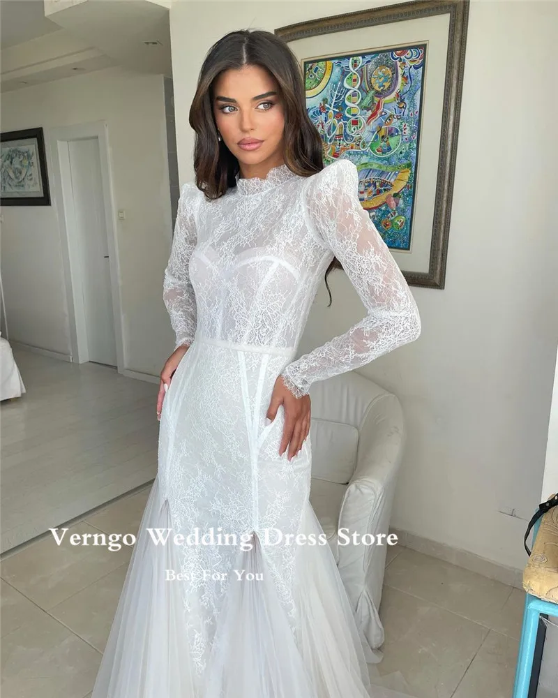 Verngo Elegant Mermaid Lace Wedding Dresses Long Sleeves High Neck Tulle Dubai Arabic Women Bridal Gowns Robe de mariage