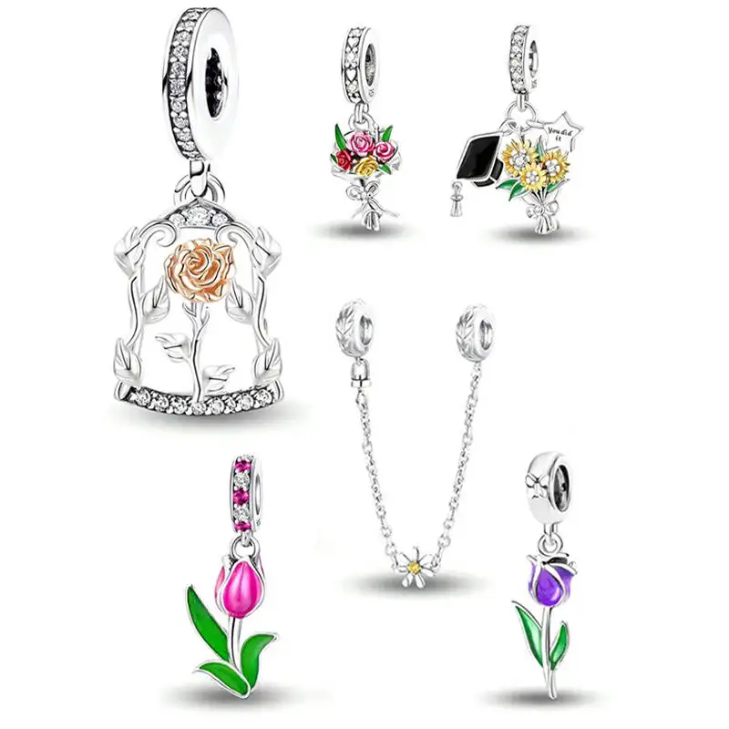 

Стерлингового Серебра 925, роза, подсолнух, букет тюльпанов, серия, подвески, бусины, подходят для браслета «сделай сам», ожерелья, подарок изящных ювелирных изделий