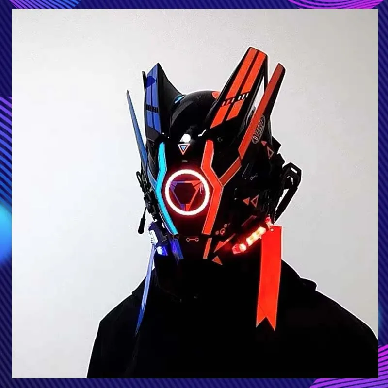 

Sci-Fi Mech Samurai Mask With Circle LED Light Cosplay Costumes Mechanical Warrior Helmet Halloween Party Props Cyber Punk Mask