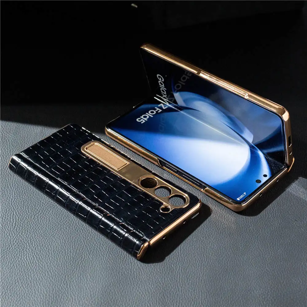 Funda de cuero de vaca genuino para Samsung Galaxy Z Fold5, cubierta de bisagra con soporte de película de vidrio