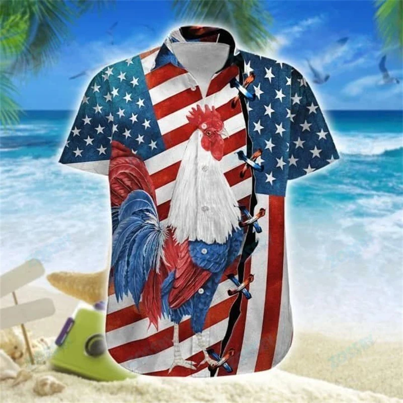 

2024 Funny Rooster Beach Hawaii Shirts Casual Cartoon 3D Print Shirt Casual Short Sleeve Summer Loose Tees Tops Street Clothing