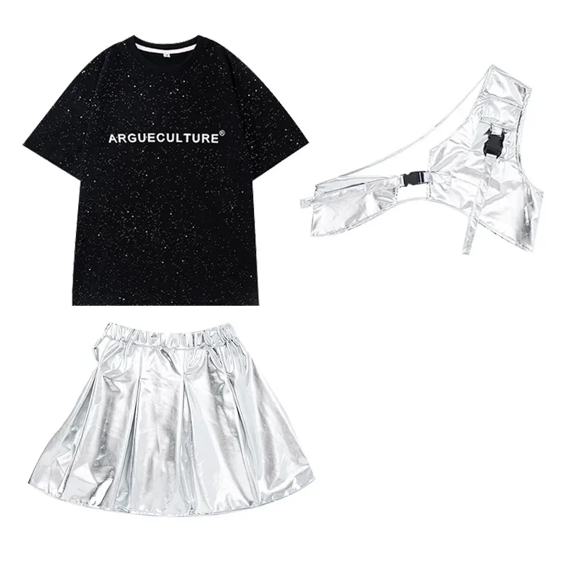Kids Black T-shirt Hip Hop Silver Vest Street Dance Shorts Girls Sequin Skirt Teens Boys Jazz Clothes Sets Summer Stage Costumes
