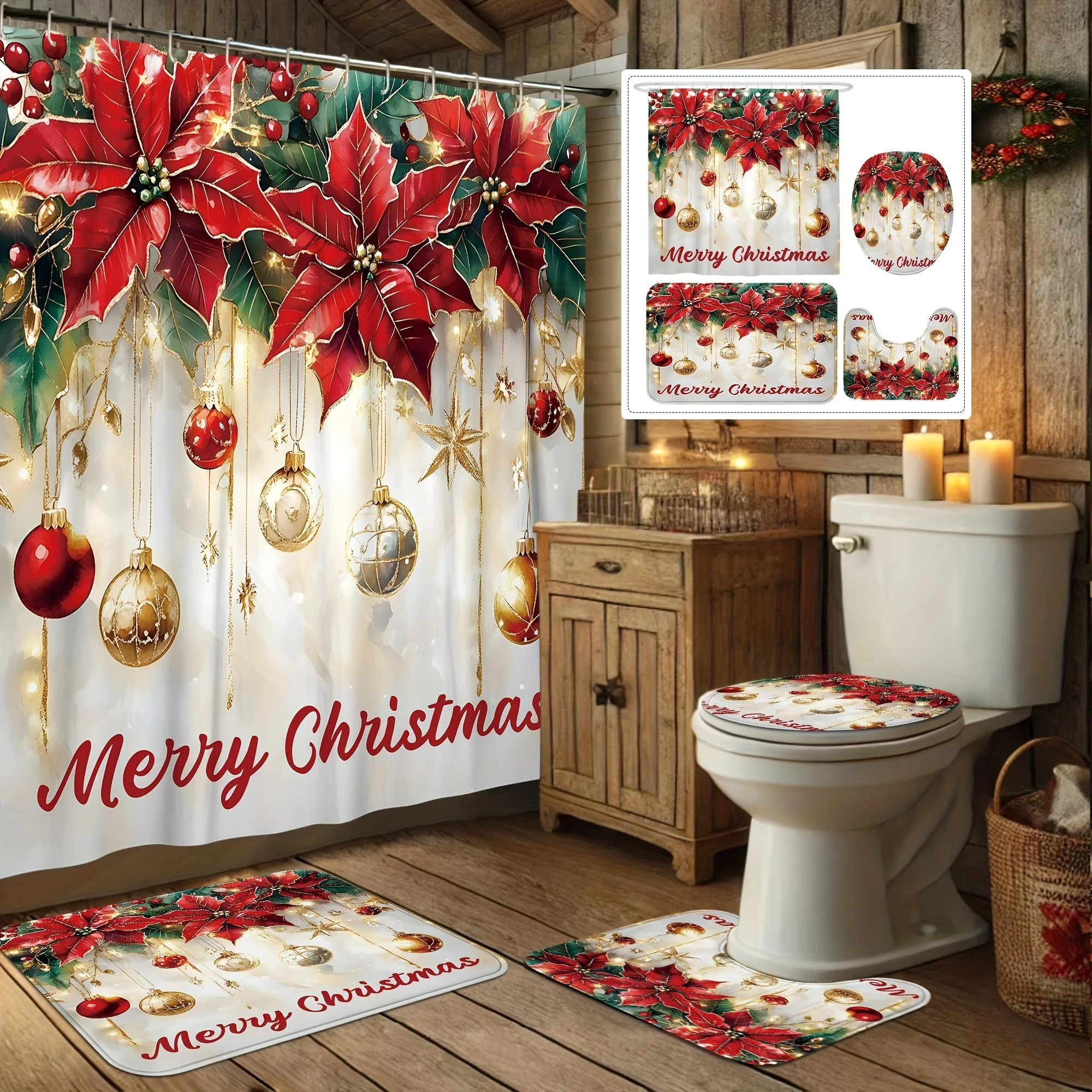 

4pcs merry christmas winter decorations shower curtain set ball poinsettia red Golden shower curtain washable for xmas holiday