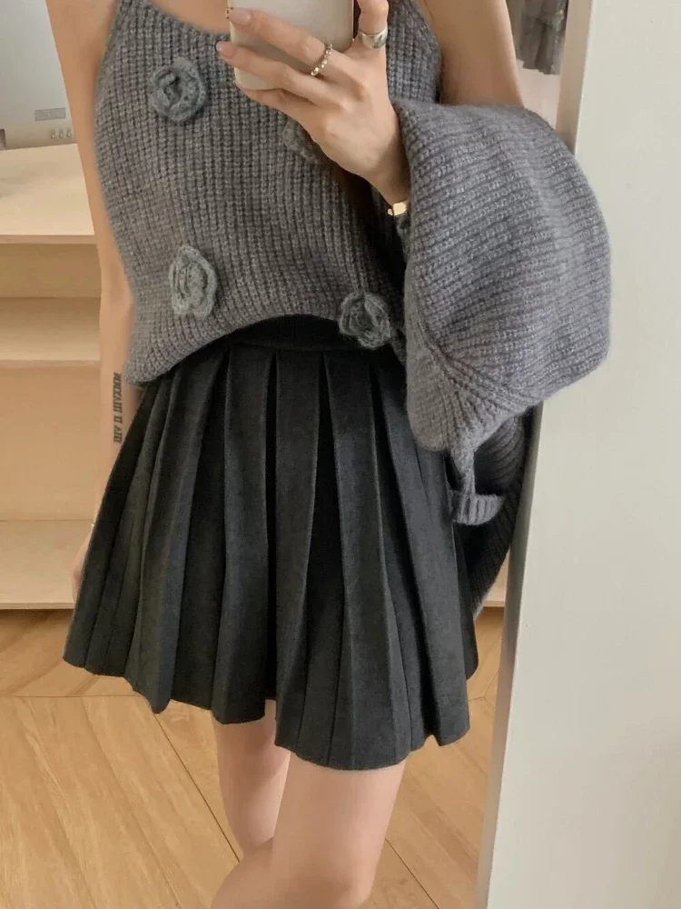 Minifaldas de moda coreana para mujer, Falda plisada de punto gruesa, estilo Preppy, Falda corta negra de cintura alta, Otoño Invierno