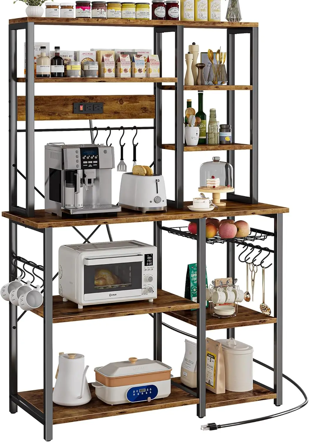 Large Bakers Rack with Power Outlets, 6-Tier Microwave Stand, Coffee Bar with 12 S-Shaped Hooks, Kitchen Shelf with Wire Basket