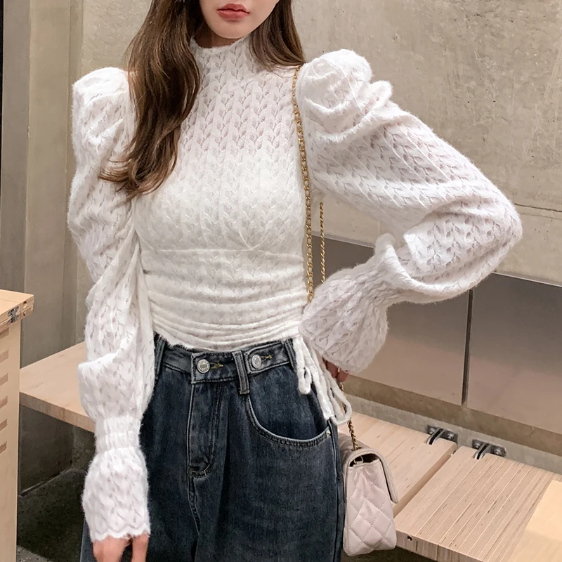 

Женская модная базовая кофта с кружевными вставками и рукавами-фонариками, с высоким воротником, облегающая, с длинными рукавами