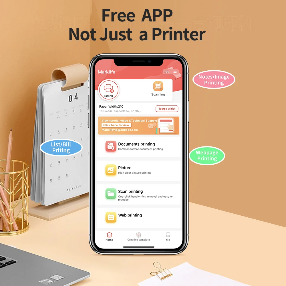 Portable A4 Thermal Printer Document Tattoo Printer Mini Bluetooth Desk Printer Notes lmage Printing Machine For Office Business