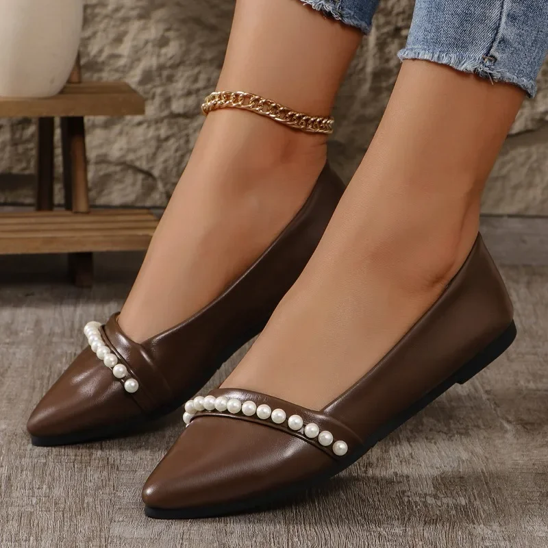 Zapatos planos de punta fina y suela plegable para mujer, perfectos para cualquier ocasión, Cadena de perlas decorativa