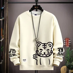 Japan Cartoon Heren Sweatshirt Hoodies Herfst Tijger Gedrukt Lange Mouw T-shirt Mode Herenkleding Kaki O Hals Harajuku top