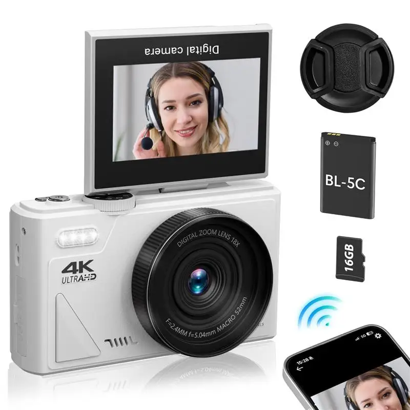 To 4K Digital Camera for Photography and 18X Digital Zoom Camera 64MP Compact Vlogging You Tube Camera 3'' Flip Screen with