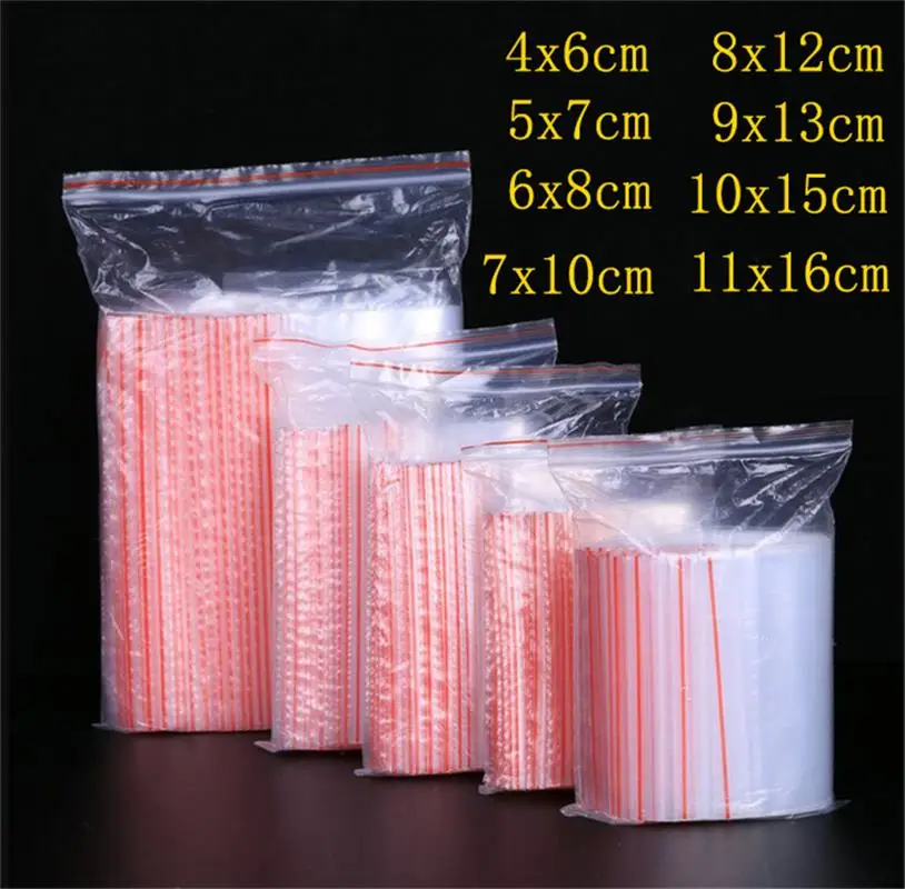 100pcs Transparent Plastic Bags Reusable Selaing Zip Bag PE Thicken Sealed Storage Bag Food Jewelry Packing Organizer Pouch