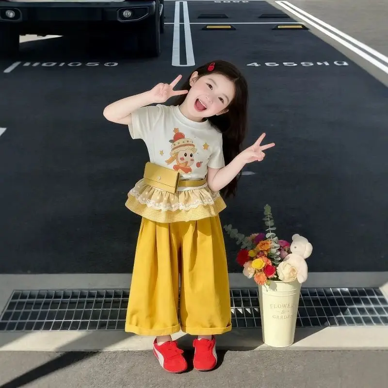 Girls' Summer New Set 2026 Princess Style Star People Splicing Short Sleeve T-shirt, Stylish Wide Leg Pants Two Piece Set