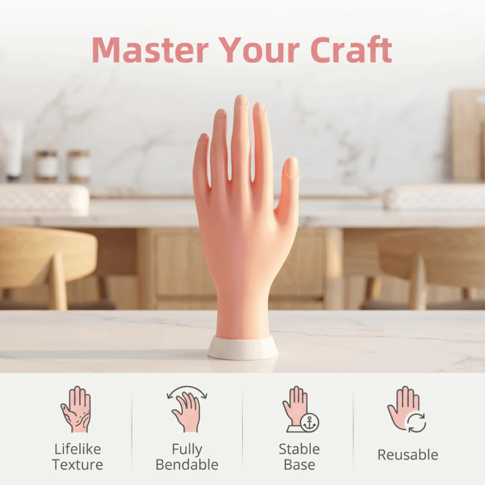 Flexible Positioning Silicone Practice Hand Bendable Removable Nail Practice Hand Flesh-Colored Soft Mannequin Hand