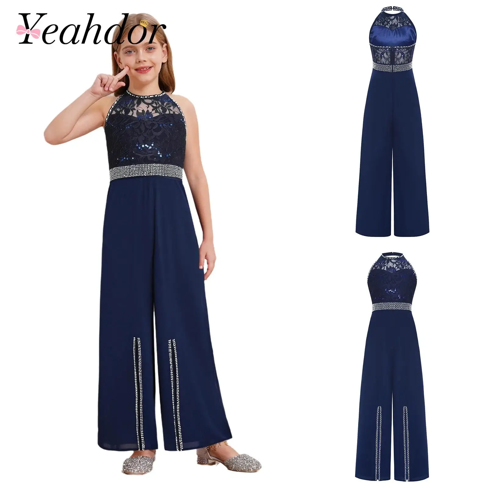 

Backless Children's Party Jumpsuit Kids Girls Halter Jumpsuits Embroidery Romper Teens Clothes Sequined Split Wedding Long Pants