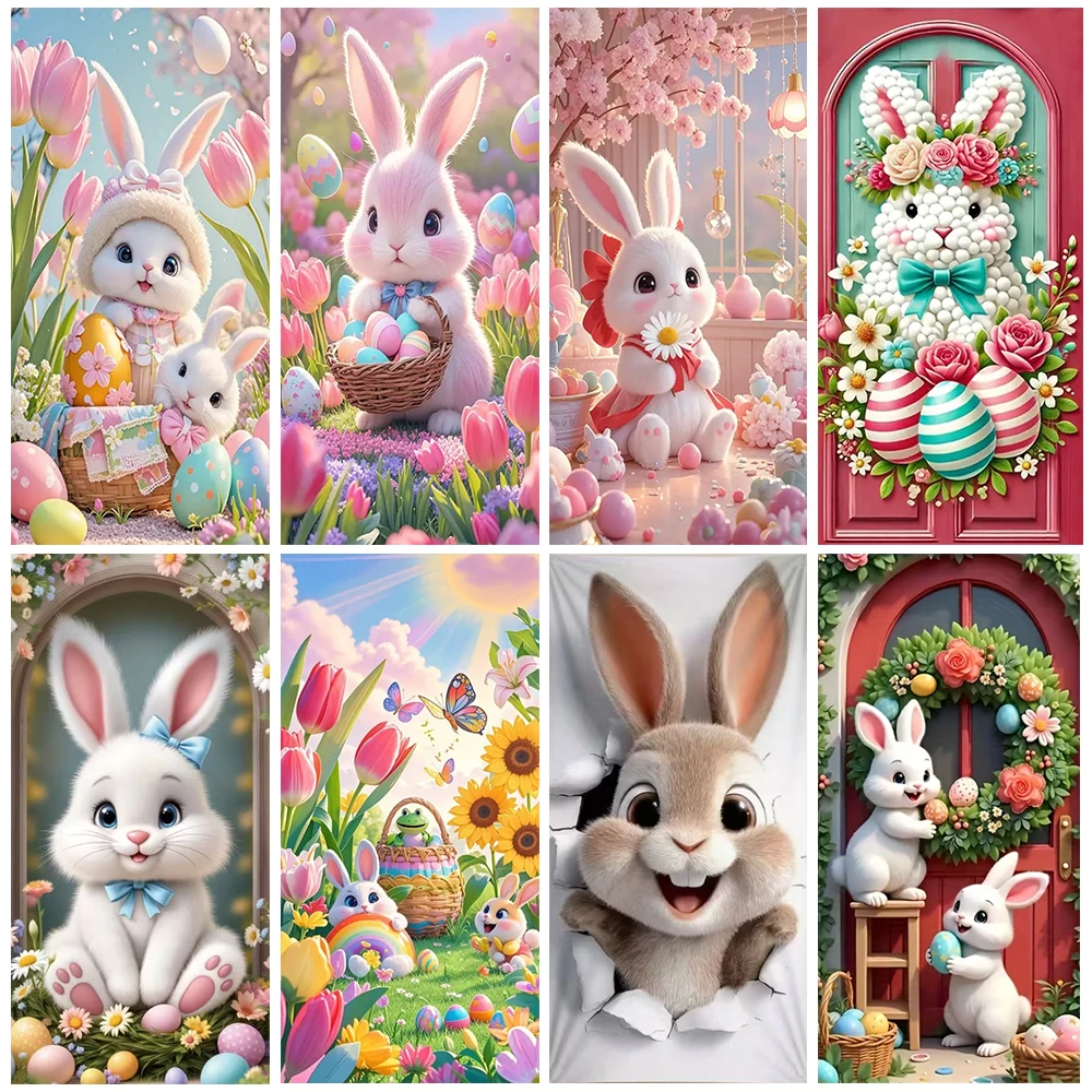

Cute Bunny Happy Easter Theme Background Fantasy Spring Wreath Door Cover Bunny Dog Flower Eggs Baby Party Decoration Gift Props
