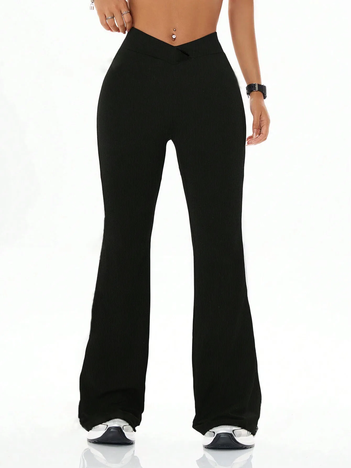Women\'s high waist slim fit flared pants, solid color soft high elastic flared pants, retro style casual sportswear