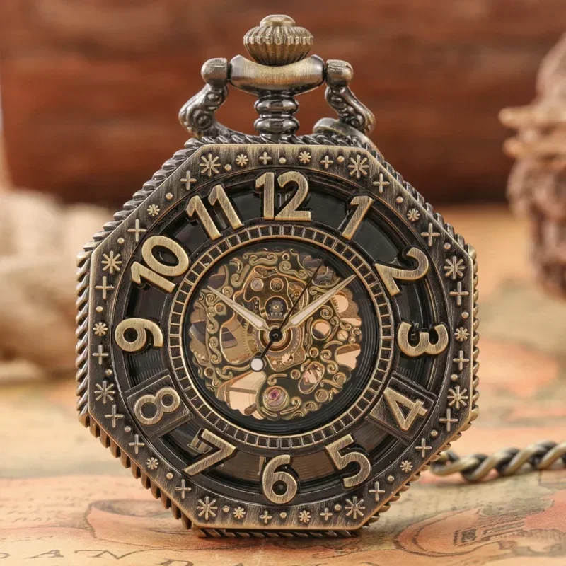 Bronze Hollow Octagon Shape Men Women Handwind Mechanical Pocket Watch Skeleton Clock FOB Pendant Chain Roman Number Display