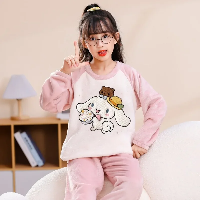 Sanrio Kuromi Cinnamoroll Winter Dikker Kinderen Pyjama Set Flanel Lange Mouw Broek Plus Jongens en Meisjes Thuis Pyjama