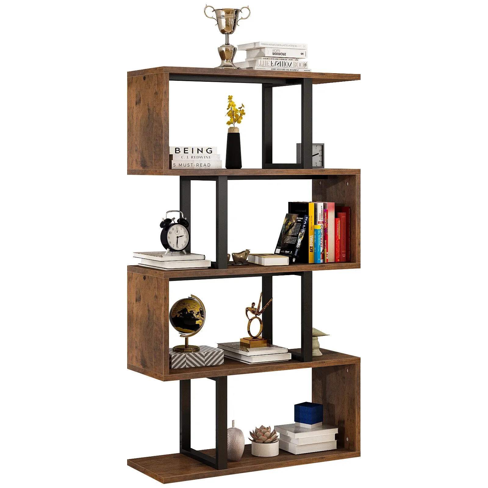 

5 Tier Wood Geometric Bookcase S-Shaped Bookshelf Freestanding Display Shelf