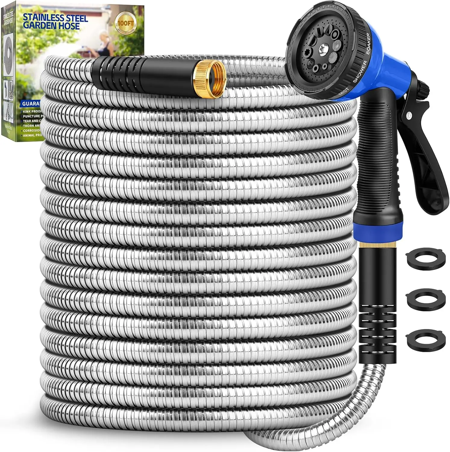 

100ft Stainless Steel Garden Hose, Flexible Water Hose with 10-Function Nozzle, Kink-Free, Leak-Proof, Heavy Duty for Yard, Lawn, RV, Car Wash