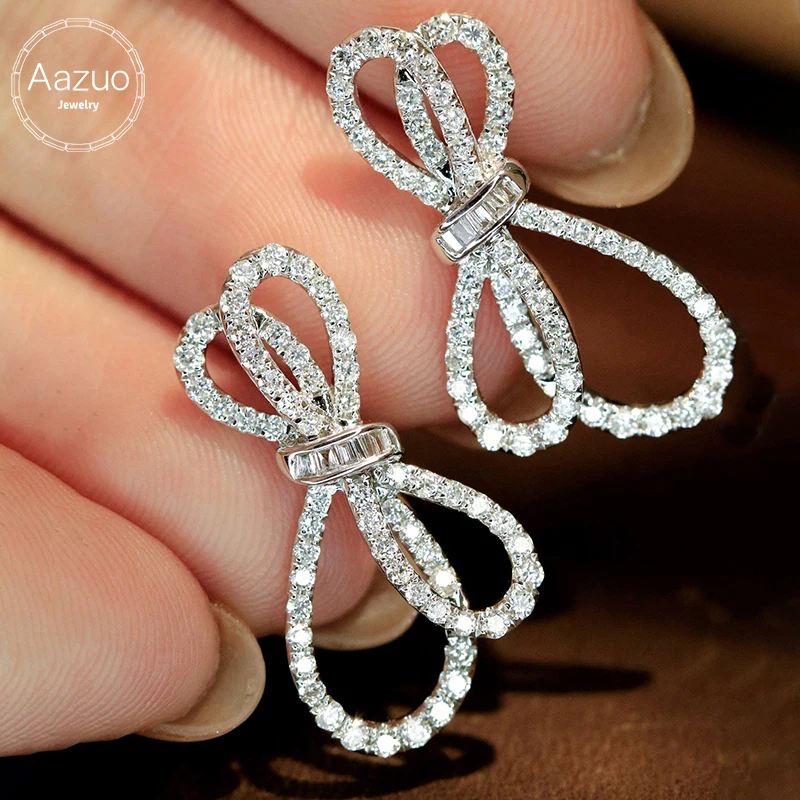 

Aazuo 18K Solid White Gold Real Diamonds 0.84ct Fairy Bowknot Stud Earring Gifted For Women Engagement Halo anillos mujer Party