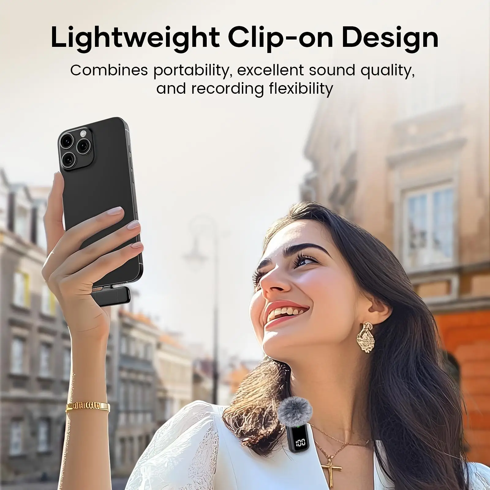 Wireless lavalier microphone with charging case, LED battery level display, 36-hour battery life, DSP noise reduction, 135-foot range, plug-and-play clip-on microphone, compatible with iPhone, iPad, Android, vlogging, and live streaming