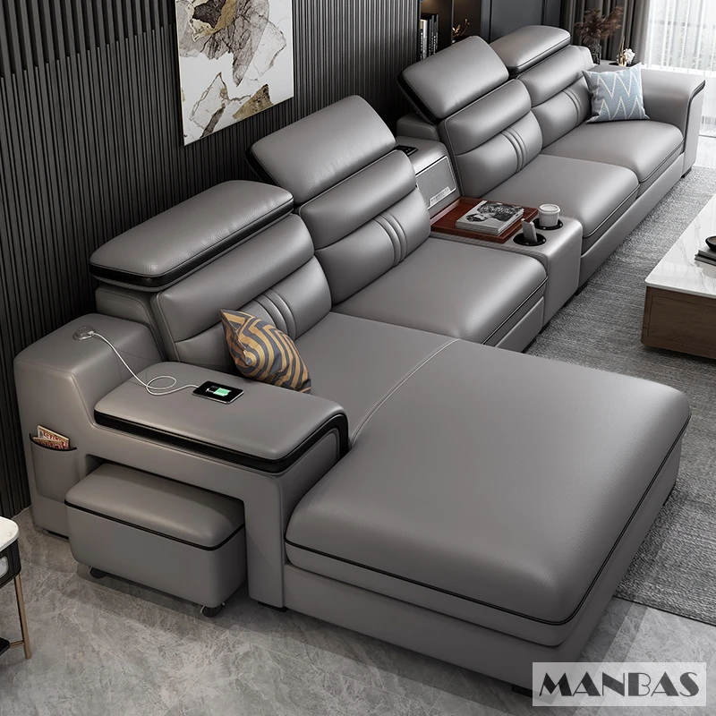 Modern Genuine Leather Reclining Couch with Chaise Lounge, L-Shaped Sectional Sofa with Adjustable Headrests, USB & Cup Holders