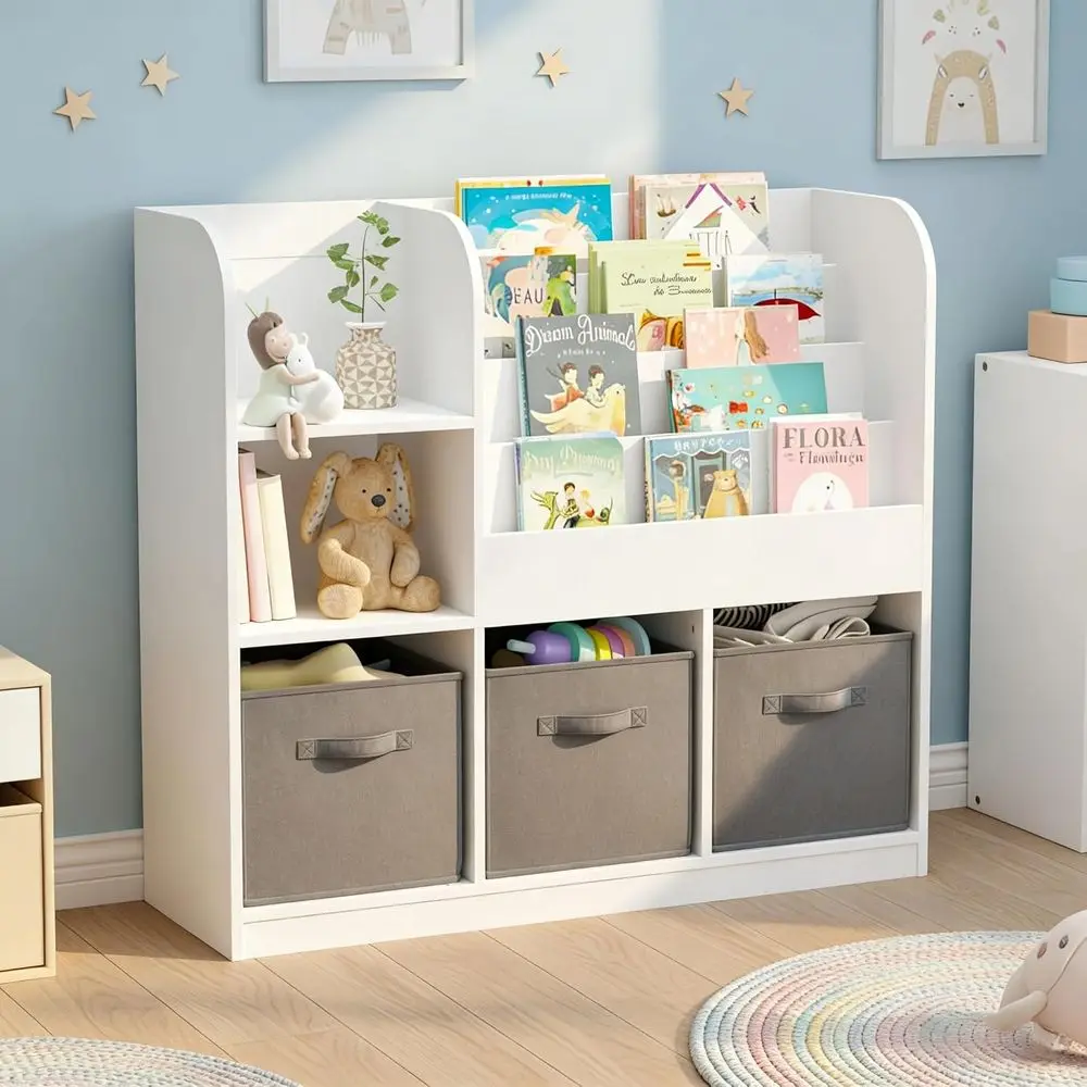 

4-Tier Wooden Kids Bookcase with Storage Bins for Toys and Books, Multifunctional Organizer for Nursery and Bedroom