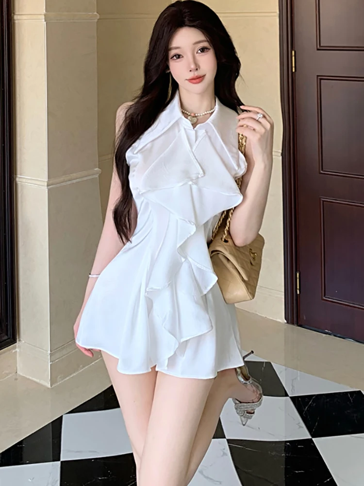 

Summer White Ruffled Bodycon Short Dress Women Fashion Chic Sleeveless Polo Collar Shirt Dress 2025 Korean Elegant Casual Dress