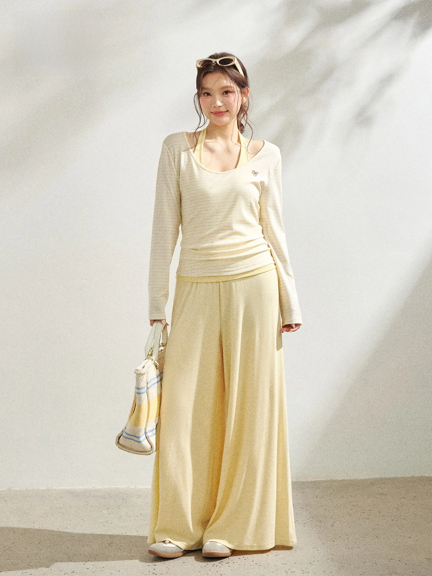 

Korean Sle Yellow Striped irt Ne Hanging Casual Pants Faion plus Size Set Commute High Waist Long Sve round Ne