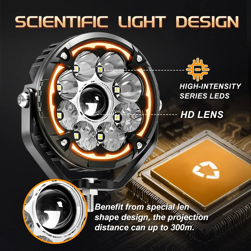 HAOLIDE Led Work Light 6inch 6000k Hi/Lo Beam 3500k Amber DRL Strobe Flashing with Wire off-road useAngle for SH125i 1200RSCar view 2