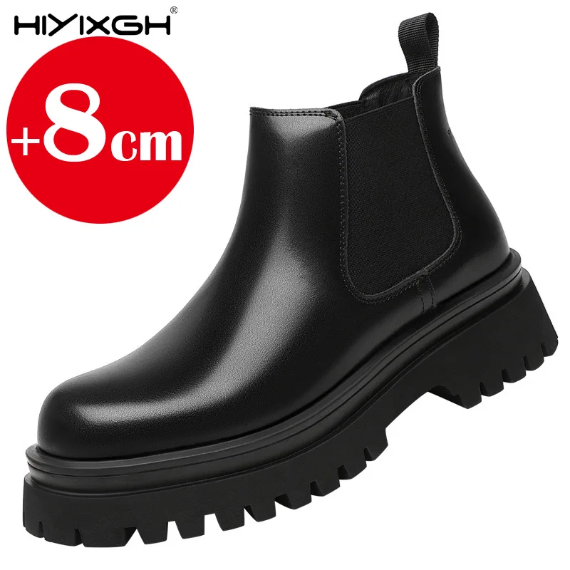 Men's genuine leather height-enhancing boots, plush warm boots, mid-tube Chelsea boots, thick-soled hidden elevator shoes