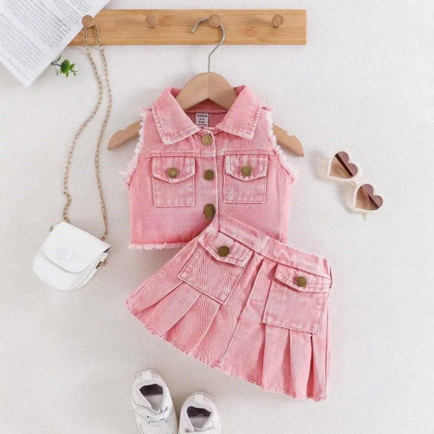 Kid Girl Stylish Denim Children Casual Dress Outfit Two Piece Set Sleeveless Vest Coat Metal Buttons Pleated Skirt Summer