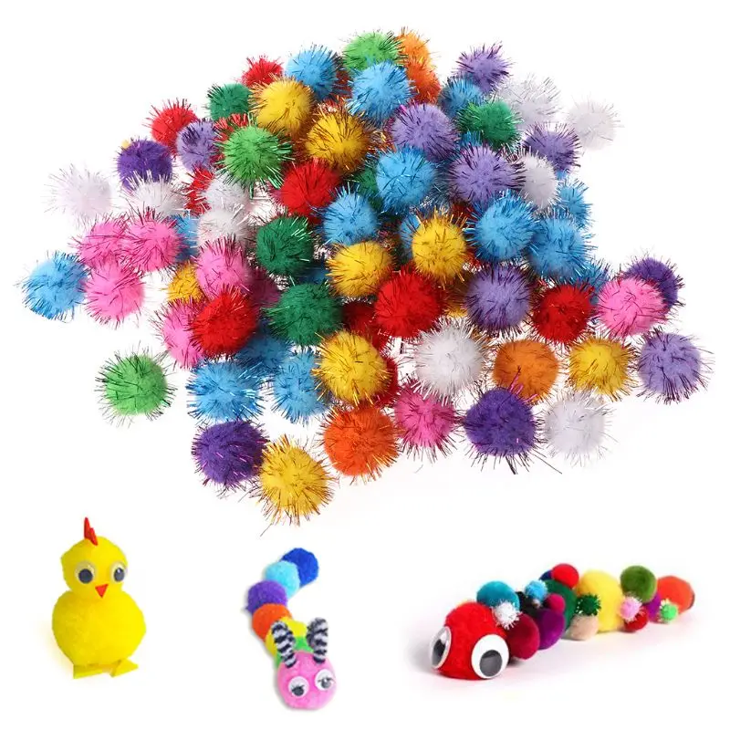 

100Pcs 25mm Mini Soft Pom Poms Pompoms Glitter Ball Handmade Kids