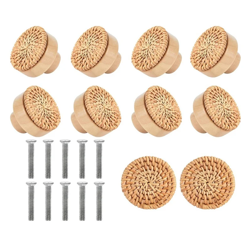 10PCS Wooden Handles Beech Rattan Drawer Knobs Furniture Handle Kitchen Cupboard Door Handle Dresser Pulls, 35MM