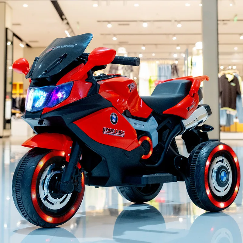 Motocicleta eléctrica para niños, bicicleta de juguete de tres ruedas con luces LED y música, Control remoto, gran potencia, marco antivuelco