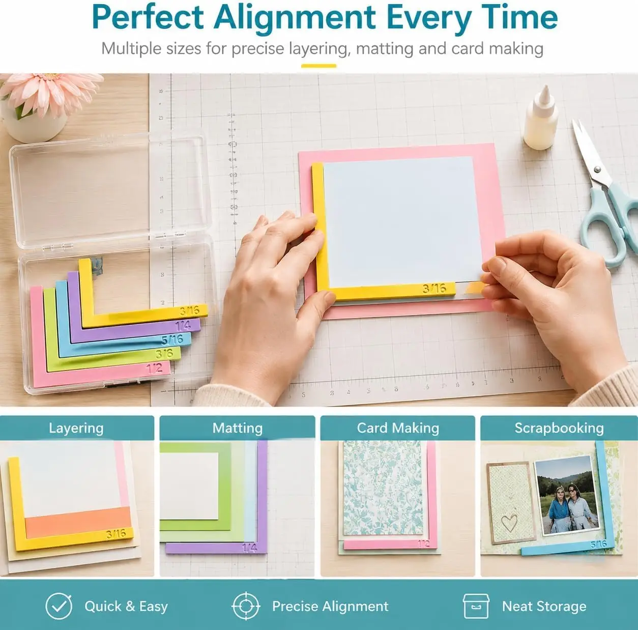 5pcs Paper Crafting Alignment Guides with Storage Case, Color-Coded with Size Tabs, 3/16