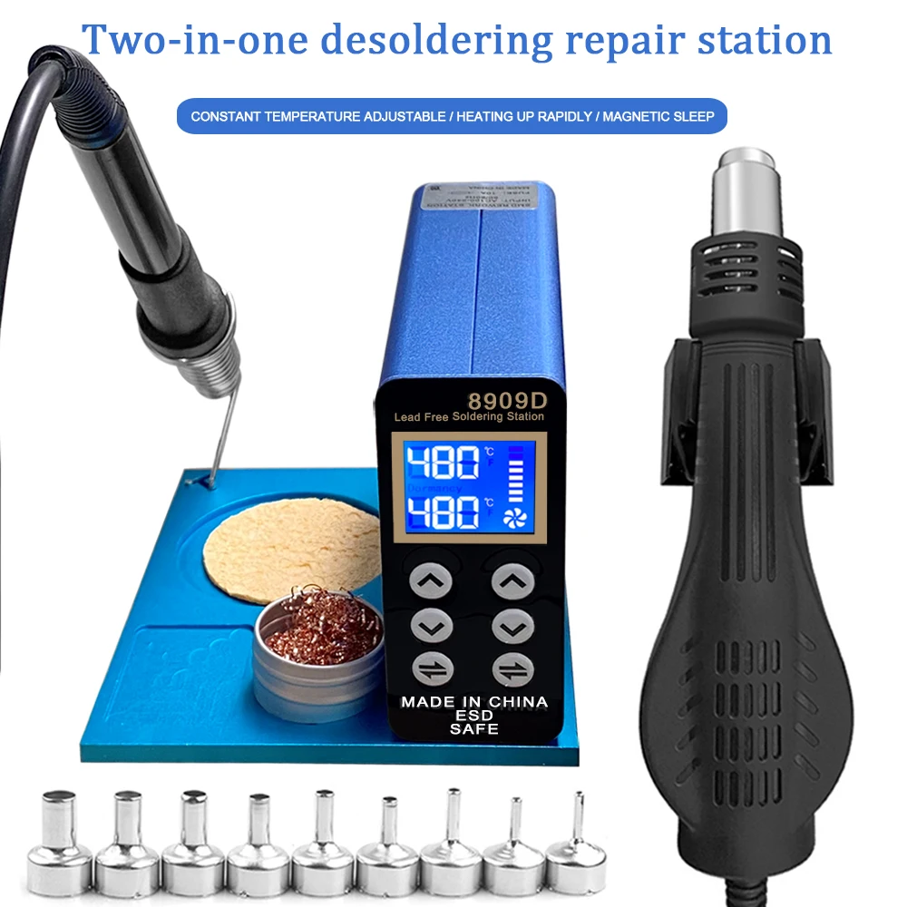 8909D 2 in 1 soldering station Hot Air Gun Electric Soldering Iron BGA Repair Tool  Nozzles  SMD BGA Rework Welding Station