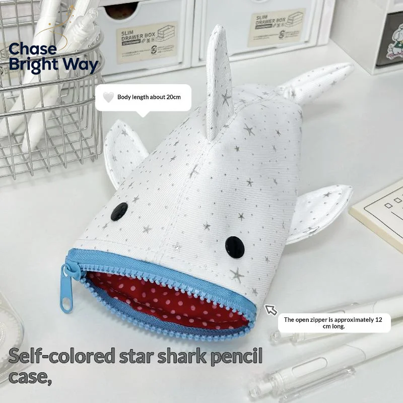 Cute Star Print Shark Pencil Case Large Capacity Kawaii for School and Office Supplies