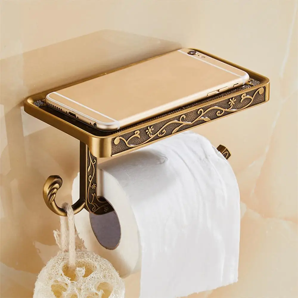 

Antique Carved Zinc Alloy Bathroom Paper Mobile Phone Holder With Shelf Bathroom Towel Rack Toilet Paper Holder Tissue Boxes