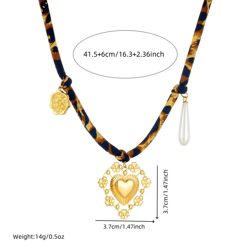 Leopard Print Handmade Rope Charm Necklace Gold PVD Plated Stainless Steel Butterfly Shell Heart Pendant Fashion Jewelry Gifts